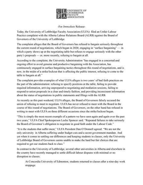 Press Release ULFA Files Unfair Labour Practice Complaint With The