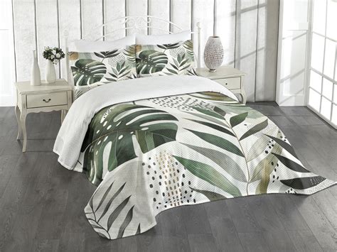 Ambesonne Green Quilted Bedspread Set 3 Pcs Boho Urban Jungle Leaves