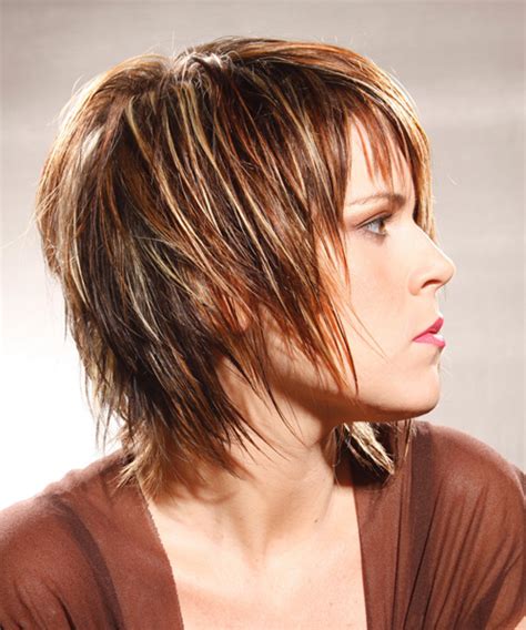 Medium Straight Caramel Brunette Hairstyle With Layered Bangs And Light