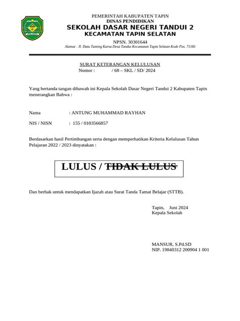 Surat Kelulusan Sd Tahun 2023 Baru Pdf