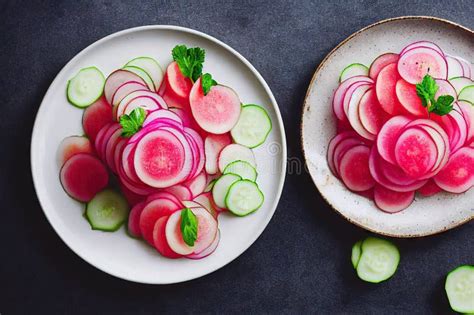 Salada De Rabanete Fresco Fatiada Em Prato Para O Jantar De Vegan