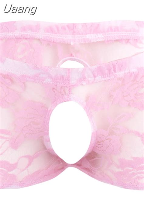 Uaang Mens Lingerie Sissy Open Butt Panties With Penis Hole Sheer Lace See Through Exotic