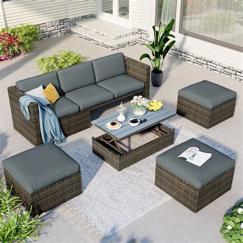 Patio Furniture Sets, 5-Piece Patio Wicker Sofa with Adustable Backrest ...