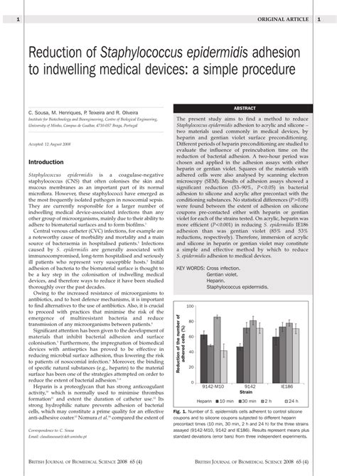 Pdf Reduction Of Staphylococcus Epidermidis Adhesion To Indwelling