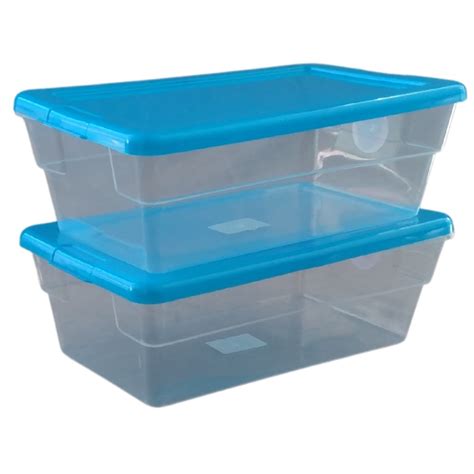 2 Cajas de Plastico 5.7 litros Transparente Tapa Azul Peyo Zapatera ...