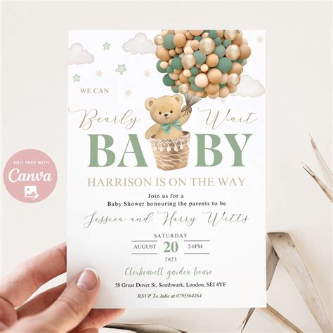 Editable Green Gender Neutral We Can Bearly Wait Hot Air Balloon Bear