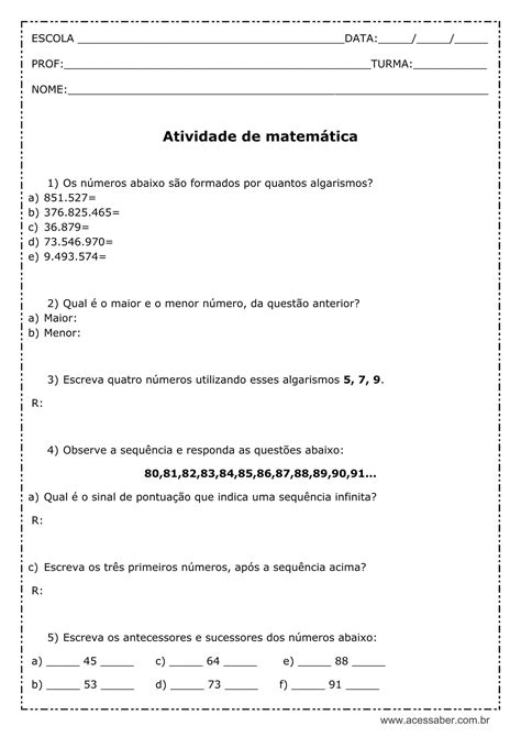 Atividade De Matemática Números Naturais Ii 4º Ou 5º Ano Acessaber