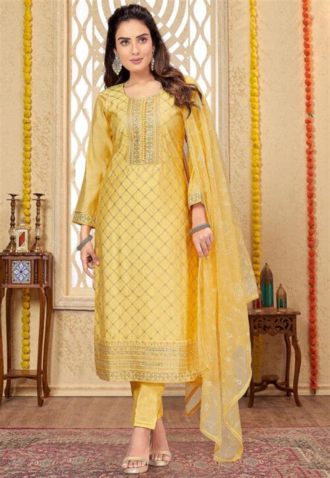 Buy Embroidered Art Silk Pakistani Suit In Yellow Online Kgzt