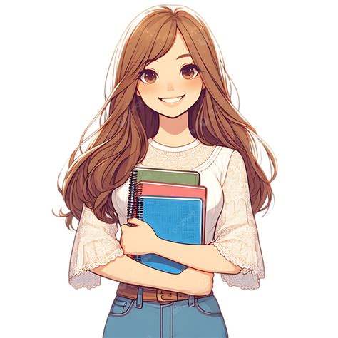 A Cute Anime Girl Student Smiling Sweetly While Holding Stack Of ...