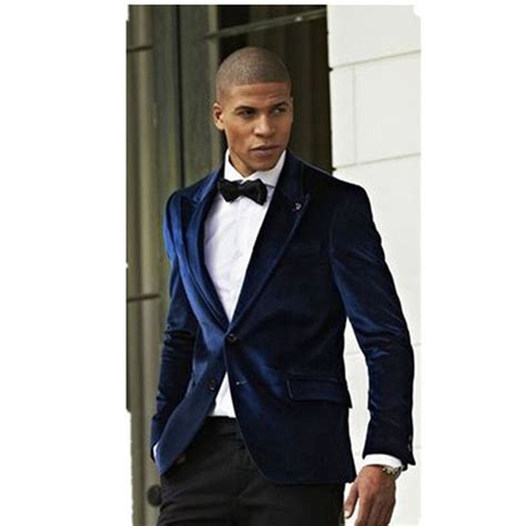 2021 Pico De Lapela Elegante Azul Escuro Veludo Noivo Smoking Blazers