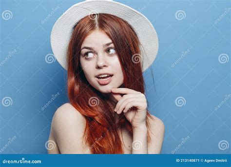 Pretty Woman In Hat Naked Shoulders Red Hair Emotions Fashion Stock Image Image Of Displeased