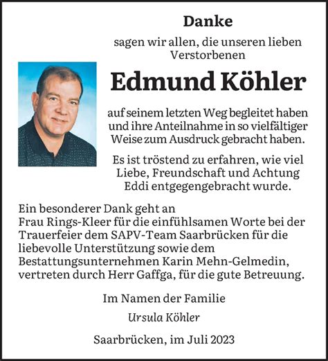 Traueranzeigen Von Edmund K Hler Saarbruecker Zeitung Trauer De