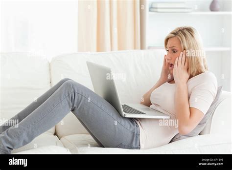Blonde Woman Having Trouble Her Laptop Stock Photo Alamy
