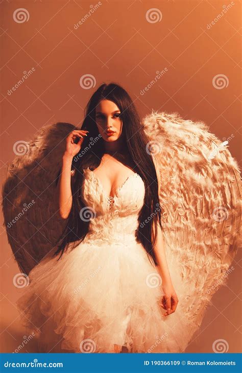 Beautiful Brunette Angel Posing In Elegant Dress Studio Shot Lady With Long Healthy Hair