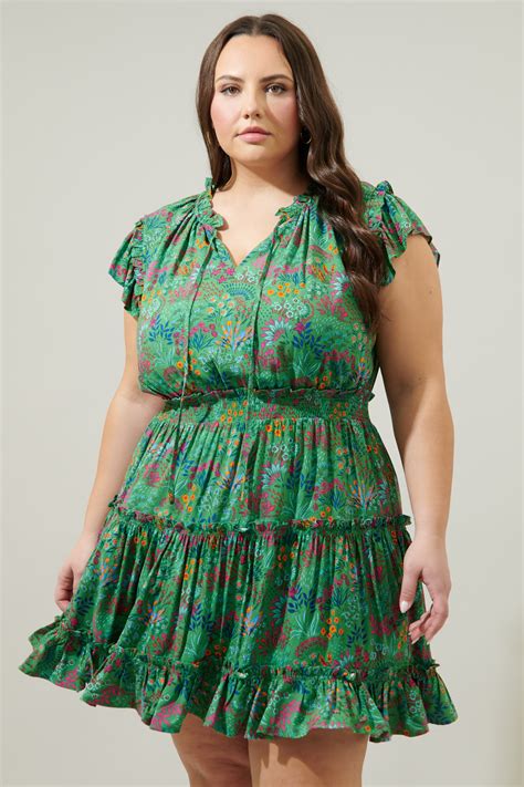 Ruya Floral Split Neck Toledo Tiered Mini Dress Curve Sugarlips