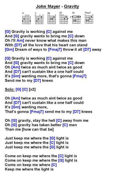 John Mayer Gravity W Guitar Chords And Lyrics Lyrics And Chords