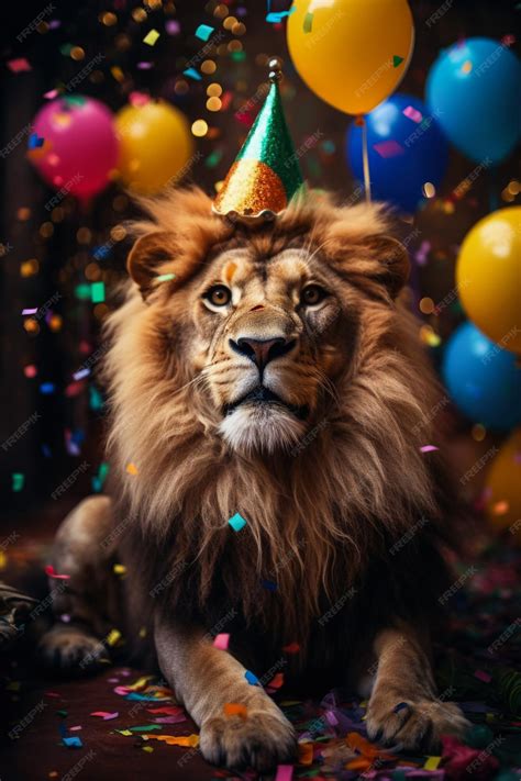 African Lion in party hat celebrating New Year amid colorful confetti