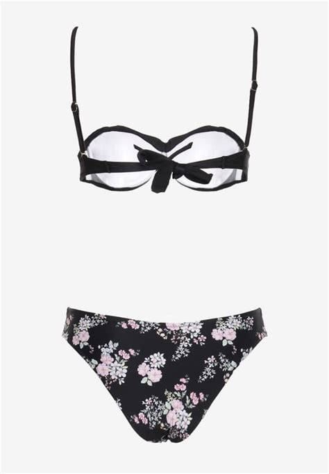 Czarne Bikini Wiązany Usztywniany Biustonosz z Regulowanymi Ramiączkami i Majtki Figi Ozdobiony