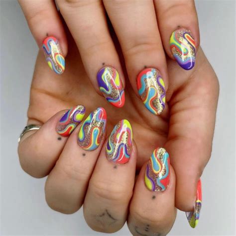 42 Psychedelic Nail Art Designs Colorful Gold Glitter Swirl Nails I