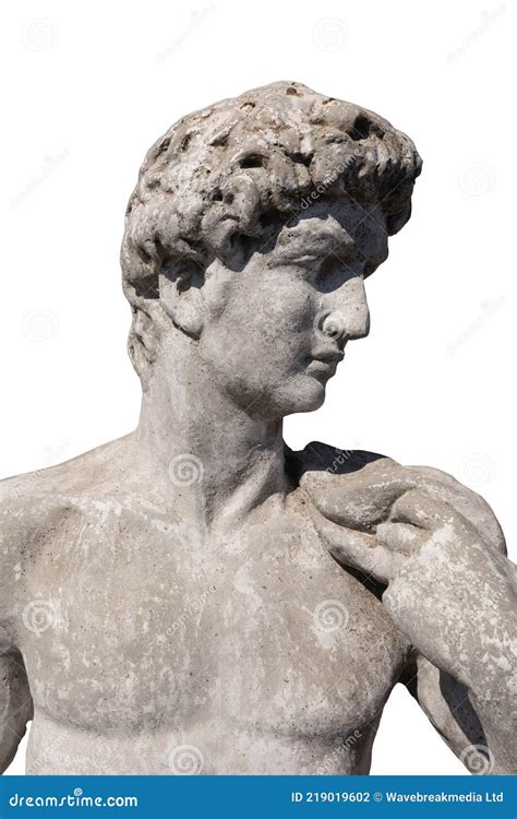 Close Up Side View Of Ancient Stone Sculpture Of Naked Man On White Background Stock Photo
