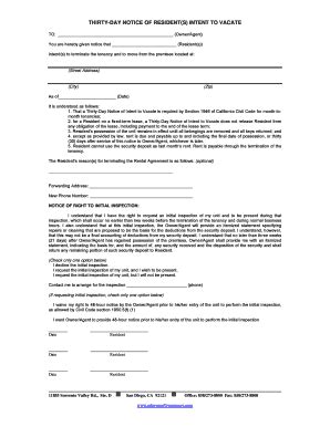 Fillable Online THIRTY DAY NOTICE OF RESIDENT S INTENT TO VACATE Fax