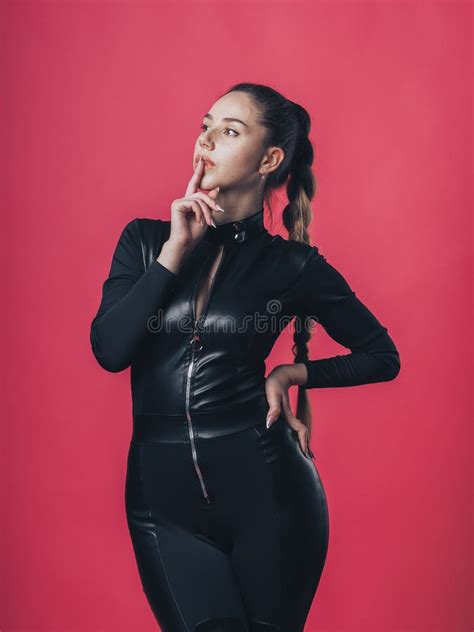 Brunette Girl Posing At The Pink Background Stock Photo Image Of Domina Pink