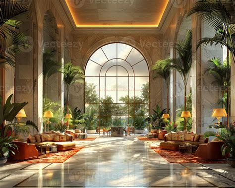 AI Generated Lavish hotel lobby with marble floors lush plants 42591989