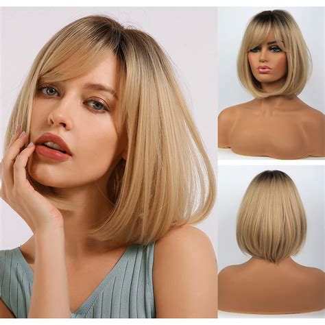Amazon BERON Blonde Ombre Short Wigs Straight Bob Hair Wig For Women Wigs With Bangs