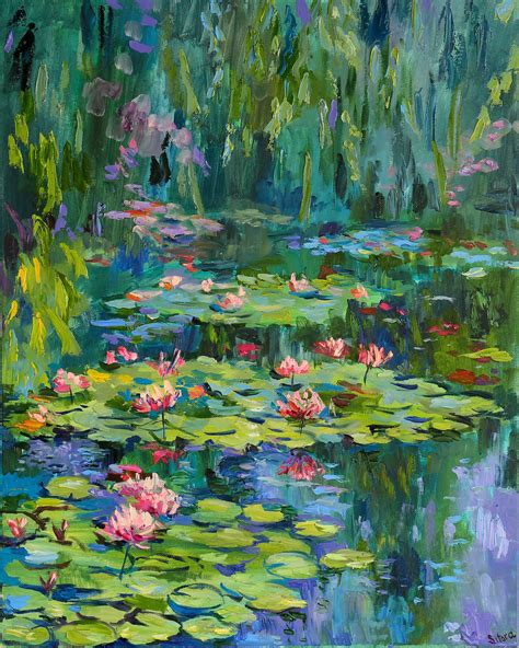 Water Lilies Original Oil On Canvas Impasto Painting Art Collection