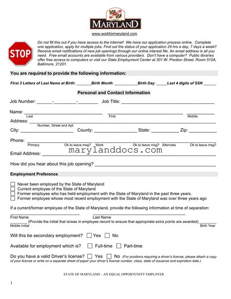 Free Maryland Employment Application PDF Form • Maryland Documents