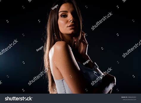 Beautiful Blonde Girl Posing Studio Model Stock Photo