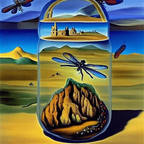 Dragonflies In A Jar Landscape Salvador Dali Painting Surrealism Tiny