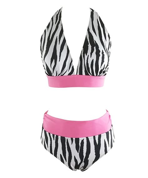 Chic Retro V Neck Halter Padded Triangle Bikini Swimsuit Bathing Suits For Women Teens Zebra