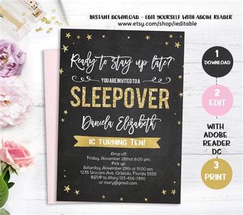 Sleepover Invitation Slumber Party Invitation Chalkboard Sleepover