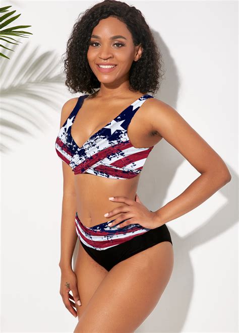 High Waisted American Flag Print Lace Up Bikini Set Rosewe USD 19 99