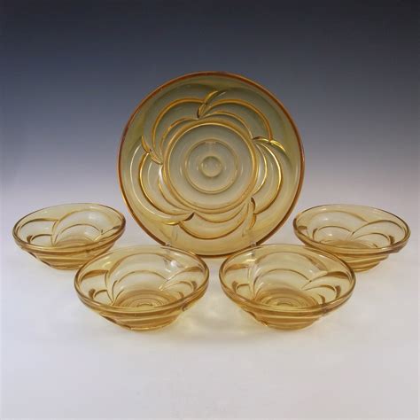 Rare Bagley Art Deco Amber Glass Osprey Fruit Bowl Set 3153 Etsy Uk