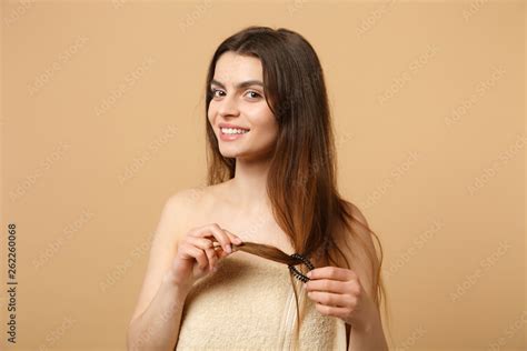 Close Up Brunette Half Naked Woman S With Perfect Skin Nude Make Up Isolated On Beige Pastel