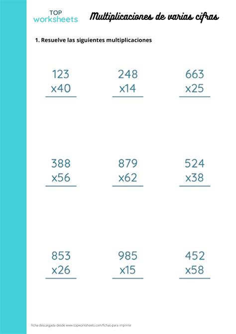 Multiplicaciones Varias Cifras Ficha Para Imprimir TopWorksheets