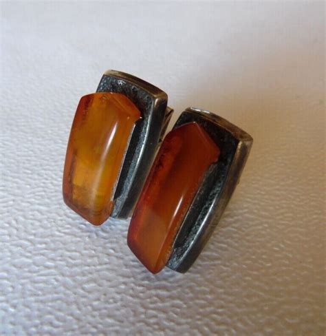 Rare Vintage Ussr Silver Amber Russian Cufflinks Gem