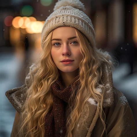 Premium Ai Image A Woman With Blonde Hair And A Brown Hat Stands In The Snow