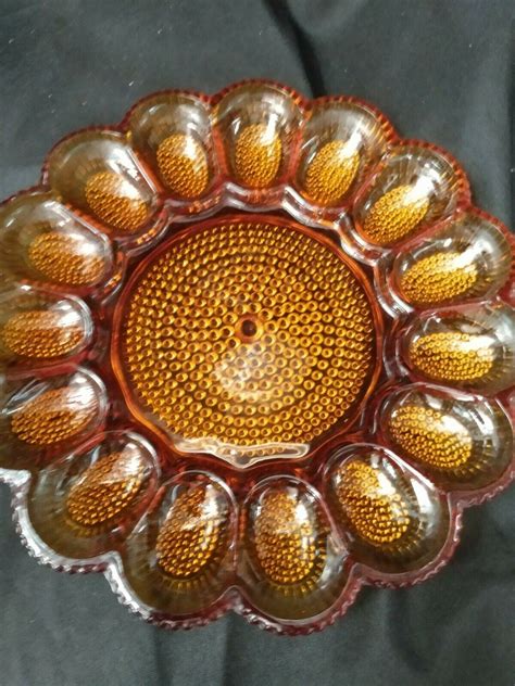 Indiana Carnival Glass Deviled Egg Platter Plate Amber Hobnail Etsy