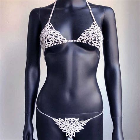 Brave Light Flower Crystal Bra Thong Body Chain Jewelry For Women Sexy Underwear Bikini Beach