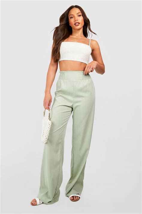 Tall Shirred High Waisted Linen Look Wide Leg Trousers Boohoo Uk