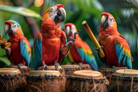 Premium Photo Parrot Conducting A Tropical Orchestra With Other Birds