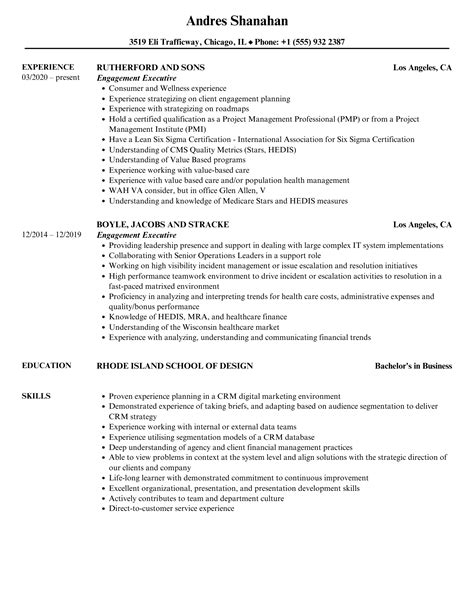 Engagement Executive Resume Samples | Velvet Jobs