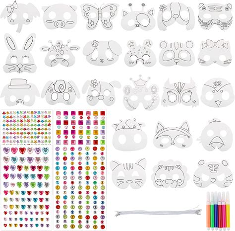 24PCS Masques Animaux Et 4 Feuilles Strass Autocollant Avec Feutres De