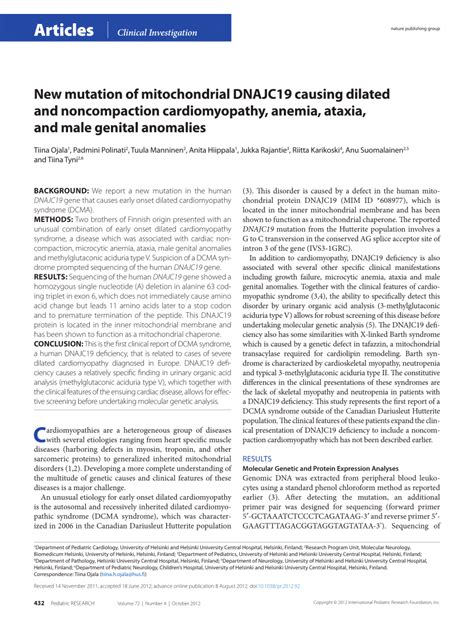 PDF New Mutation Of Mitochondrial DNAJC19 Causing Dilated And