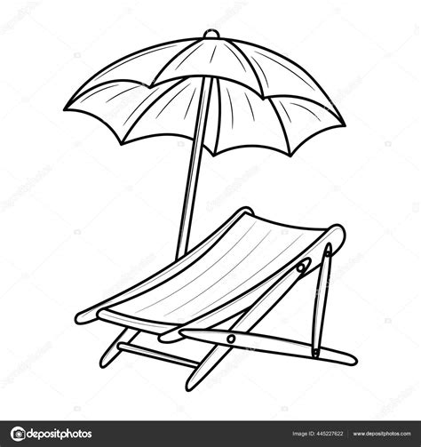 Beach Chair Umbrella Line Art Black White Vector Illustration Isolated