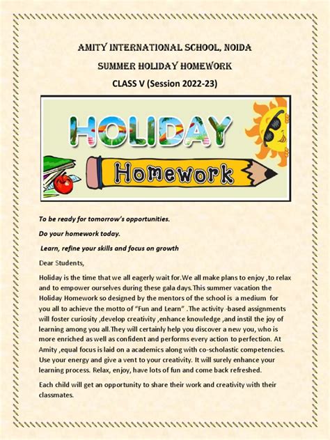 Class 5 Holiday Homework Pdf Homework Creativity