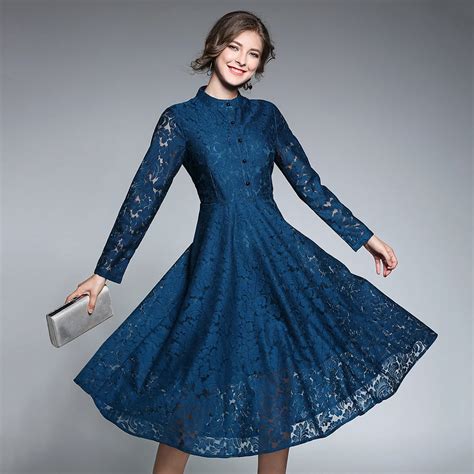 Vintage Blue Lace Dresses Women 2018 Autumn Long Sleeves Stand Collar ...